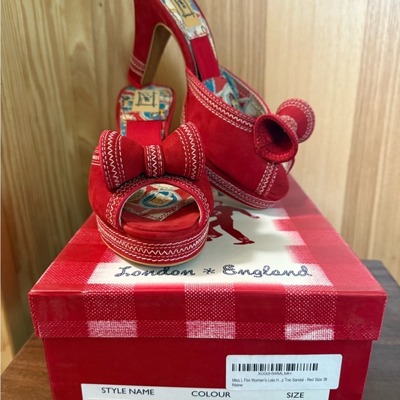 Miss L Fire Lola Red Suede Platform Heels with Bow - Picture 10 of 12